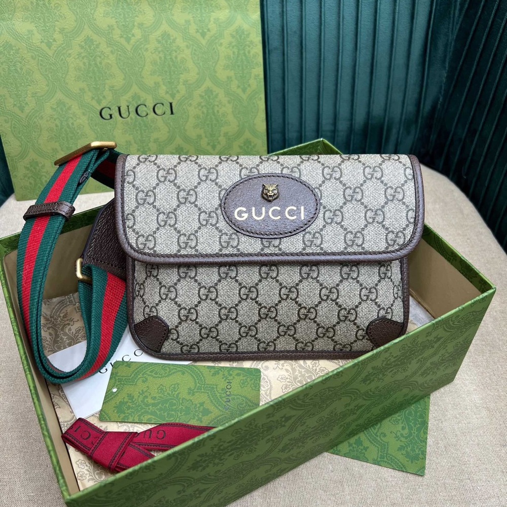 Gucci GG Supreme Neo Vintage Web Stripe Unisex Belt Crossbody Bag in Brown
